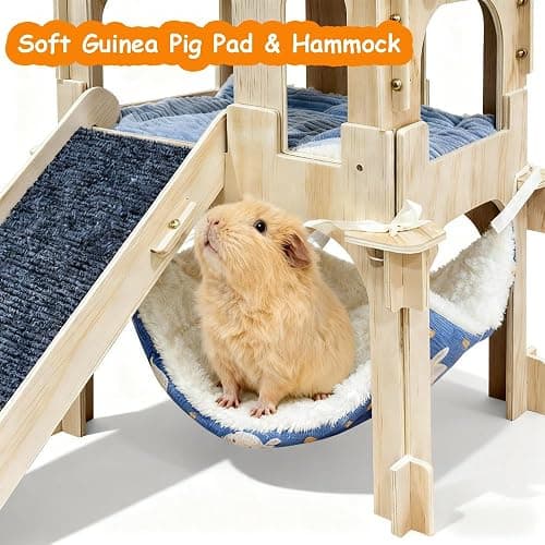 Groß Meerschweinchen Haus mit Rampe Hängematte und Bett, Zweistöckiges zerlegbares Häuschen für Meerschweinchen Kaninchen Hamster Chinchillas thumbnail 4
