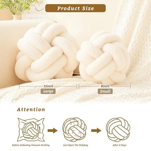 Lokaluo Knot Pillows Ball Decorative Throw Pillows for Couch Bed Sofa Living Room 2 Cord Aesthetic Round Cute Plush Pillows Home Decor,woolwhite 11inch thumbnail 3
