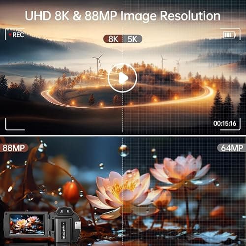 8K Video Camera Camcorder 88MP UHD WiFi Vlogging Cameras for YouTube 18X Digital Zoom IR Night Vision 3.0''Touch Screen Camera with 32GB Card, Microphone, Stabilizer, Lens Hood, Remote, Batteries thumbnail 2