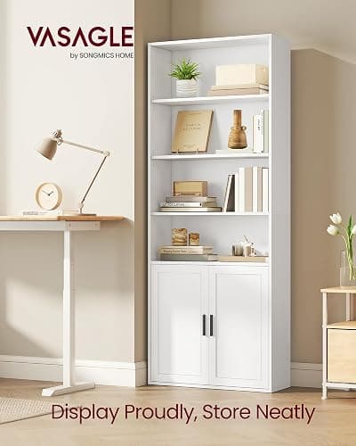 VASAGLE Custos Collection - Bookshelf, 6-Tier Tall Bookcase, Book Shelf with Doors, Open Storage Shelf, 9.4 x 23.6 x 68.9 Inches, for Living Room, Home Office, Dining Room, Cloud White ULBC402W01 thumbnail 3