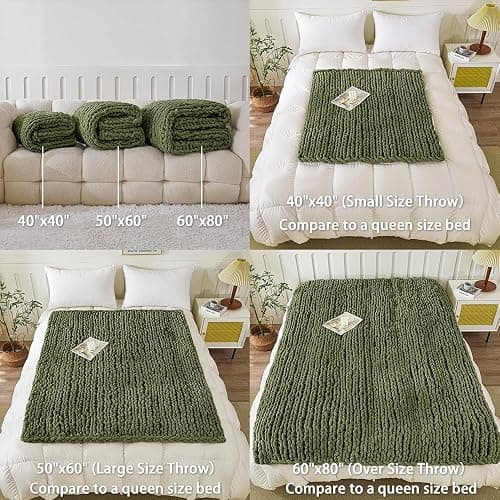 WESHIONGOO Chunky Knit Blanket Throw 51"×63" Knitted Throw Blankets for Couch Bed Fluffy Soft Blanket with Jumbo Chenille Yarn Thick 100% Handmade (Olive Green) thumbnail 4