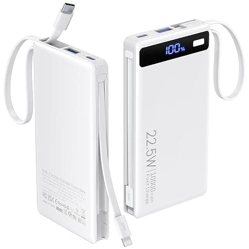 Power Bank with 2 Built-in Cables 10000mAh, 22.5W PD Slim Portable Charger USB C Battery Pack, Travel Essentials Fast Charging Powerbank Compatible with iPhone 17 16 Plus Pro Galaxy iPad White(1 Pack) - Image 1