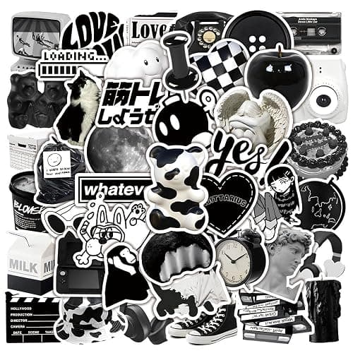 Pigbit 50Pcs Vintage Black White Stickers,Vinyl Cute Aesthetic Retro Y2K Stickers for Water Bottles Laptops Scrapbooking - Image 1