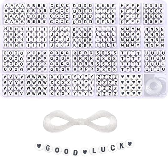 1400 Pieces 4x7mm White Round Acrylic Alphabet Letter Beads A-Z Heart Pattern Beads and Crystal Line for Jewelry Making Bracelets Necklaces Key Chains - Image 1