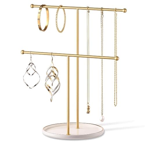 Josmimic Gold Jewelry Holder Stand with Ceramic Tray: Small Hanging Necklace Organizer Tree for Earrings, Bracelets, Rings – Jewelry Display Hanger for Women & Girls, White thumbnail 8