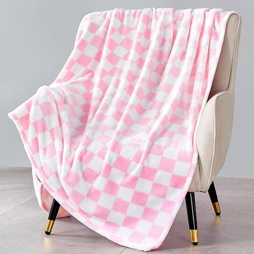Edenleaf Pink Checkered Fleece Throw Blanket for Couch Warm Home Decor | Ultra Soft Cozy Fuzzy Blanket for Bed Sofa, Fluffy Lightweight Throw for Travel, Cute Holiday Gifts, All Seasons, 50"x60" - Image 1