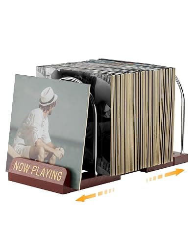 BS-VOG Vinyl Record Storage Stand, Expandable Record Holder for 30-70 LPs, Now Playing Display Rack for Albums, Wood & Metal Sturdy Vinyl Stand for Home Decor & Music Lovers - Image 1