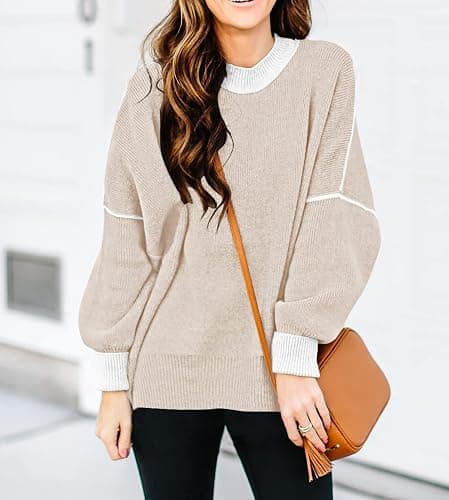 Womens Oversized Sweaters Fall 2026 Fashion Clothes Colorblock Knit Tops | ETCYY Striped Sweaters For Women Trendy,Batwing Sleeve Oversized Sweater Pullover Tops,Cute,Spring Winter Fall Outfits thumbnail 4
