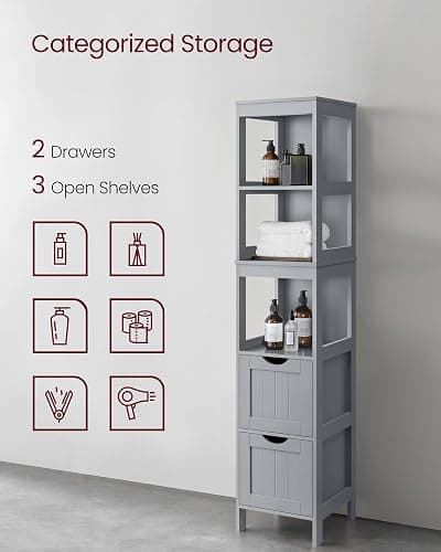 VASAGLE Bathroom Floor Cabinet, Bathroom Storage Organizer Rack Stand, Multifunctional Corner Unit, 2 Drawers, 55.7 Inches in Height, Dove Grey UBBC066G02 thumbnail 5