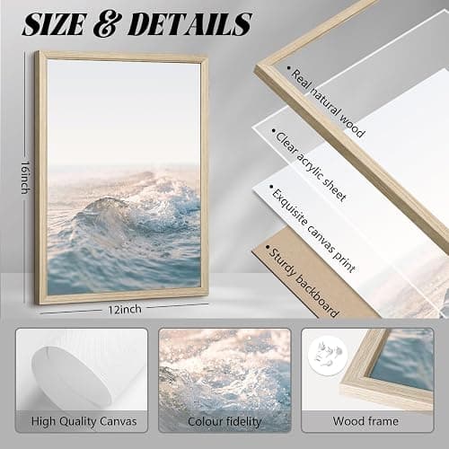 Beach Wall Art Pictures Coastal Canvas Wall Decor Ocean Waves Poster Blue Beach Scene Artwork Palm Tree Art Coastal Landscape Prints for Living Room Bedroom 12x16 Inch Framed Set of 3 thumbnail 2
