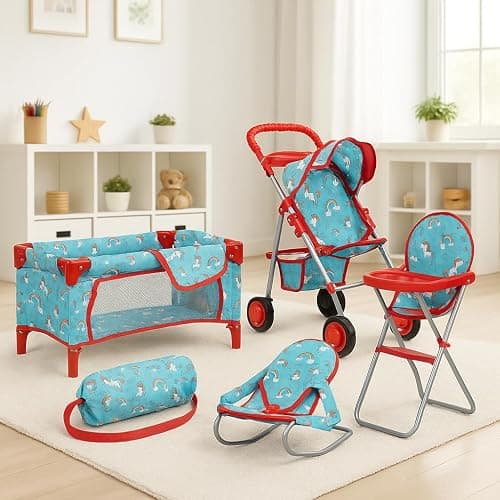 Fash n kolor® 4 Piece Doll Play Set, Doll Accessories Gift, Toy Set -Unicorn Design Includes, Doll Foldable Bed, Doll Stroller, Doll High Chair and Doll Seat, Dolls Gift Set (4 Piece Set) thumbnail 4
