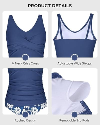 beautyin Girls Swimsuit 2 Piece Criss Cross Tankini Sets V Neck Ruched Bathing Suit Adjustable Straps Teen Swimwear thumbnail 4