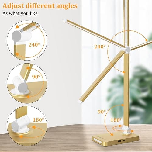 LED Desk Lamp with USB Ports,Touch Desk Lamps for Home Office with 5 Color Modes,3 Brightness Desk Light with Small Night Light,Reading Lamp Table Lamp for Bedroom Bedside Study Gold （with Adapter） thumbnail 6