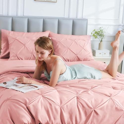 JOLLYVOGUE Pink Queen Comforter Set 7 Pieces, Pintuck Bed in a Bag Comforter Sets for All Season?Pinch Pleat Bedding Sets with Comforter, Flat Sheet, Fitted Sheet, Pillowcases & PillowShams - Pink - Queen(88"x 88") thumbnail 7