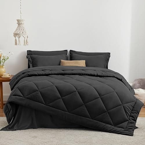 Love's cabin Twin Comforter Set Black, 5 Pieces Twin Bed in a Bag, All Season Bedding Sets with 1 Comforter, 1 Flat Sheet, 1 Fitted Sheet, 1 Pillowcase and 1 Pillow Sham thumbnail 2