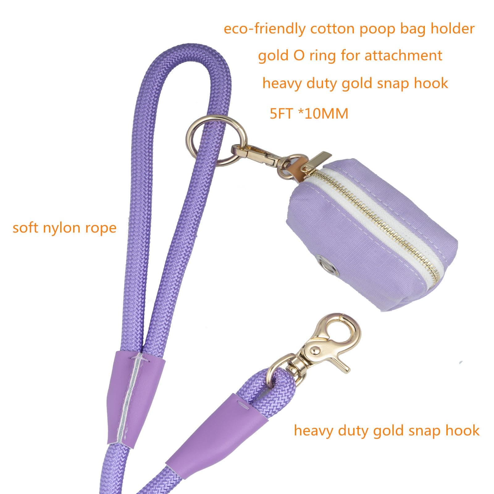 5FT Nylon Rope Dog Leash with Poop Bag Holder, Heavy Duty Snap Dog Leash, Soft Handle Rope Leash for Small Puppy Medium Large Dogs (5FT * 10MM, Lavender) thumbnail 3