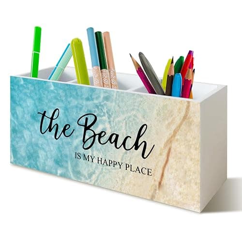 YTRGI Beach Gifts for Women Men, The Beach Is My Happy Place Pen Holder for Home Office Kitchen Desk Decor, Beach Wooden Pencil Holder Sign Organizer for Home Office Desk Accessories, - Image 1