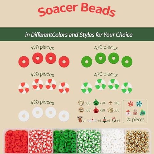 2294pcs Clay Beads for Bracelets - 5 Color Red Green Heishi Polymer Clay Beads for Jewelry Making Supplies - Charm, Friendship Bracelet Making Kit for Christmas Day thumbnail 4