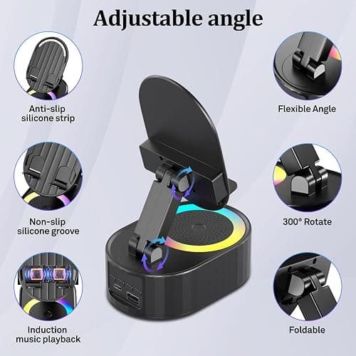 AKLLCCR Wireless Induction Audio Bluetooth Speaker 5in1 Phone Holder Emergency Rechargeable (3000mAh) with Colorful Ambient Light 300° Foldable for Tablet iPhone Android, Gifts for Men Women (Black) thumbnail 5