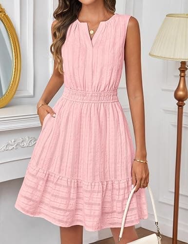 MEROKEETY Womens Summer Casual Beach Vacation Sleeveless Mini Sundress 2026 | V Neck, A Line, Solid Color, Ruffle Hem, Flowy Swing Sun Dress, Elastic Waist, Cotton, Wedding Guest Graduation Short Dress thumbnail 5