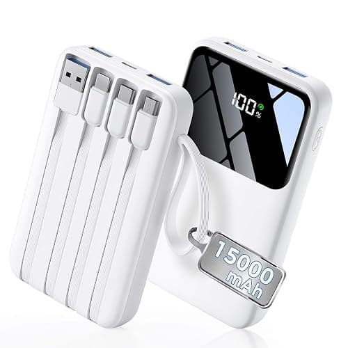 15000mAh Portable Charger Power Bank, Smaller Built-in 4 Cables White | 22.5W 50% More Capacity, 45% Smaller, Slim Travel Essential Battery Pack, 30-Min Fast Charge to 50% for iPhone/Samsung - Image 1
