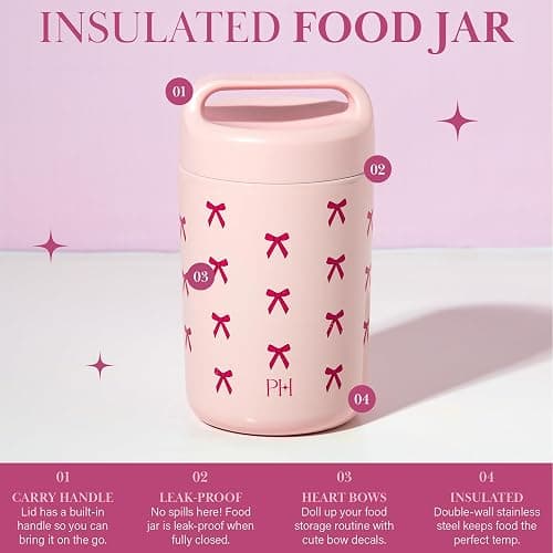Paris Hilton Stainless Steel Food Jar, Double Wall Vacuum Sealed Insulated Food Storage Container with Carry Handle Lid, 16-Ounce, Pink with Bow Design thumbnail 3