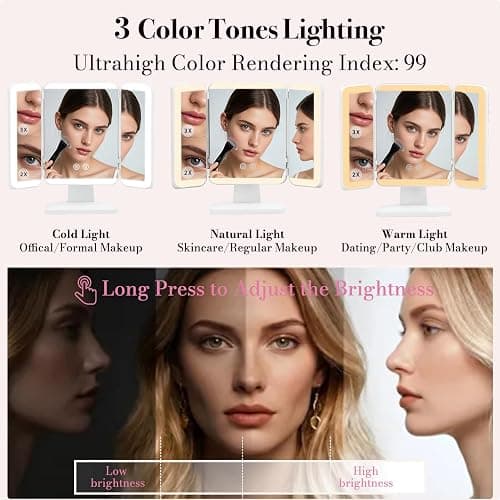 SIMETRA 15.6'' Rechargeable Makeup Mirror with Lights, 156 LED Magnification Vanity Mirror with 3 Colors Lights, 3000mAh Lighted Mirror, Touch Control Trifold Mirror for Women Travel Desk thumbnail 5