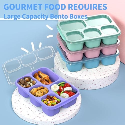 Bento Box Adult Lunch Box - 4 Pack, 5 - Compartment Meal Prep Container for Kids, Reusable Food Storage Snack Containers - Stackable for School, Work, and Travel (PP(Blue/Pink/Green/Purple)) thumbnail 4
