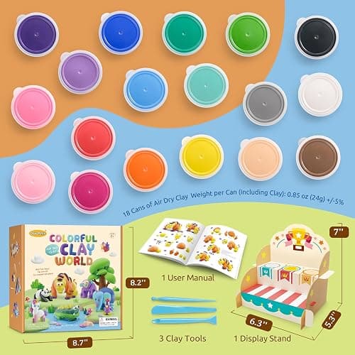 Drama Planet Air Dry Clay Kit for Kids - Comes with Instructional Guide Featuring 4 Scenes & 26 Projects Tutorials, 18 Cans of Modeling Clay, Includes Display Stand, Gift for Girls and Boys thumbnail 2