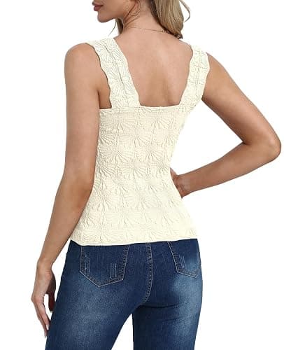 DouBCQ Women Cute Crop Tank Top Square Neck Wide Strap Vest Slim Fit Floral Lettuce Trim Cropped Cami Tops thumbnail 2