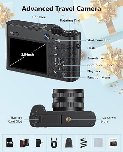 Digital Camera, 6X Optical Zoom & WiFi, 5K 30FPS 64MP Vlogging Camera, Rear and Front Cameras for Photography and Video, Autofocus & Anti-Shake, Travel Selfie for YouTube with Flash Dial 64GB Card thumbnail 7