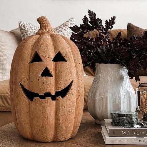 Fall Decor - Halloween Decorations - 15" H Handmade Terracotta Pumpkin Jack O' Lantern Outdoor Indoor -Cute Halloween Farmhouse Autumn Festival Decoration for Home Table Porch Mantel Front Door Room thumbnail 4