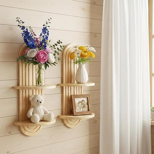 Nacidooka 23.6" Boho Arched Wall Shelves Set of 2 Mid Century Plant Shelves | 2-Tier Natural Wood Floating Shelves Decorative Wall Plant Holder for Home Living Room Bedroom Bathroom Entryway Office thumbnail 4