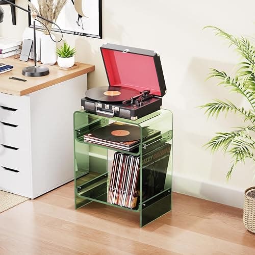 Acrylic Record Player Table with Storage Shelf, Clear Side Table Nightstand (Green, Large) thumbnail 7