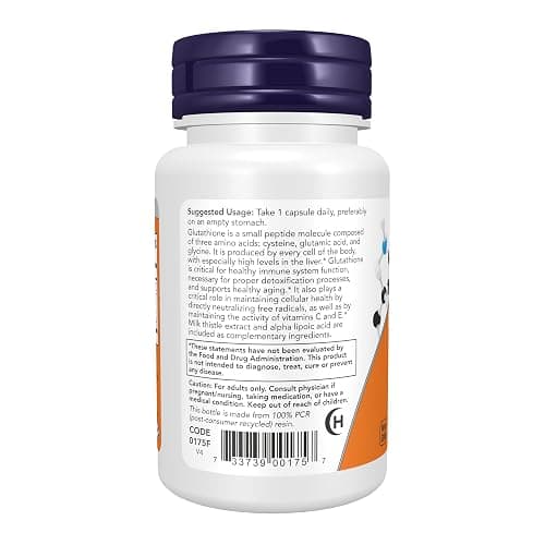 NOW Foods Supplements, Glutathione 500 mg, With Milk Thistle Extract & Alpha Lipoic Acid, Free Radical Neutralizer*, 30 Veg Capsules thumbnail 3