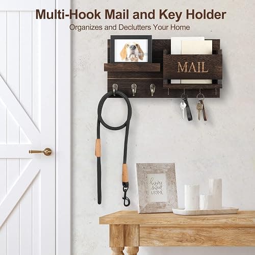 Lwenki Mail Organizer for Wall Mount – Key Holder with Shelf Includes Letter Holder and Hooks for Hallway Farmhouse Decor – Rustic Wood with Flush Mounting Hardware (16.5” x 9.1” x 3.4”) (Brown) thumbnail 5