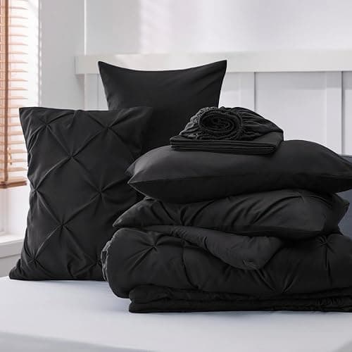 Bedsure Oversized Queen Comforter Set Black - Bed in a Bag Bedding Set 7 Pieces, GentleSoft™ Pintuck Bed Set Gift for Family, Pinch Pleat All Season Comforter with Sheets, Pillowcases & Shams thumbnail 9