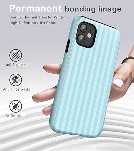 Amzfield for iPhone 12/12 Pro Cute Striped Phone Case, Teal | Stripes Phone Case, Summer Aesthetic Design for Women Girls Fall Chic Girly Pretty Dual Layer Hybrid Protection Elegant thumbnail 2