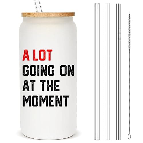 Eddirayla A Lot Going on at the Moment 16oz Glass Cup with Lid and Straws, Merch, Gifts for Fan, Stuff, Merchandise, Items, Things, Iced Coffee Mug, Glass Tumbler, Water Bottle, AL - Image 1