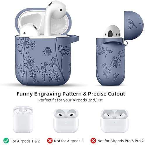 Lerobo Flower Engraved Case for AirPods Case Cover, Stylish Soft Silicone Protector with Keychain, Compatible with Apple AirPods 1st/2nd Generation Charging Case, Front LED Visible, Blue Gray thumbnail 7