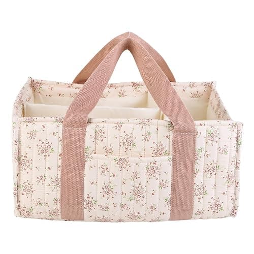 Floral Diaper Caddy Organizer with Handle Stylish Nursery Storage Basket with Removable Partition Babies Shower Gifts Basket for Boy and Girl (Daisy Pink) - Image 1