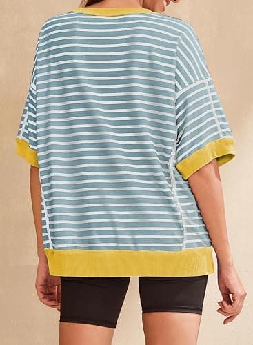 SHEWIN Womens Tops Casual Short Sleeve Sweatshirt Crewneck Striped Shirt Pullover T Shirts Loose Blouses thumbnail 4