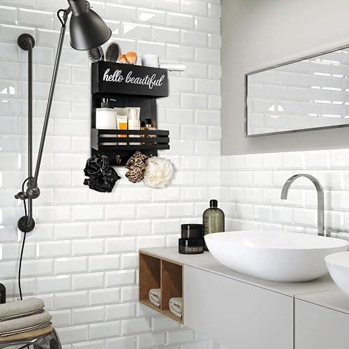 Cokritsm Wooden Hair Dryer Holder Wall-Mounted - 2 Tier Bathroom Storage Shelf Cosmetic & Hairdressing Tools Organizer for Bathroom Countertop/Vanity (Black) thumbnail 2