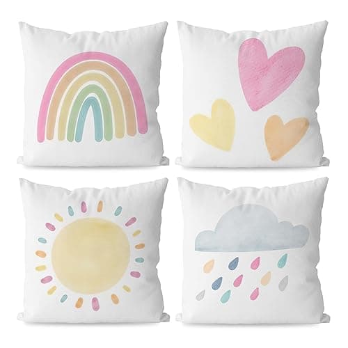 KEUSPI Rainbow Pillow Covers Decor for Toddler Girl Bedroom Little Girl Room Decor Playroom Pillows for Girls Kid Rainbow Room Decor for Nursery Classroom Decor Pastel Pillow Covers 18x18 Set of 4 - Watercolor Sun Rainbow