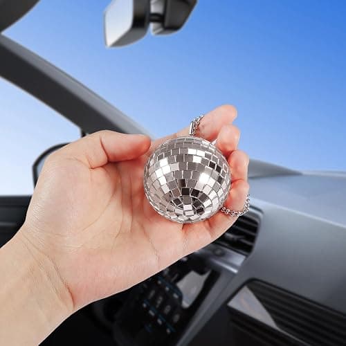 Mirror Disco Ball Hanging Car Accessory - Rear View Mirror Hanging - Silver (1.9 inch) thumbnail 3