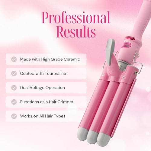 Alure Three Barrel Curling Iron Wand Hair Waver with LCD Temperature Display - 1 Inch Ceramic Tourmaline Triple Barrels, Dual Voltage Crimp (White/Pink) thumbnail 3