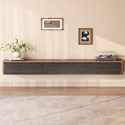 TreLined 66.92" Floating TV Stand for TVs up to 75", Mid Century Farmhouse Wall-Mounted TV Cabinet, Media Console Table with 3 Storage Drawers, Floating TV Cabinet for Living Room, Bedroom, Walnut - 1 Pack: 66.92" thumbnail 9