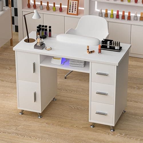FreSup Nail Desk for Nail Tech, Professional Manicure Table with 3 Drawers & 2 Cabinets, Acetone Resistant Surface White Nail Table, Wrist Rest & Fixed Legs for Salon Beauty & Home Use (White-Silver) thumbnail 2