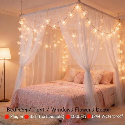Decorative 100 LED Warm White Cute Cherry Blossom Flower Fairy Light String | 33ft Plug in Yellow Floral Lamp for Bedroom, Wall, Window, Garden, Christmas, Wedding Party, Birthday Banner Hanging Decor thumbnail 6