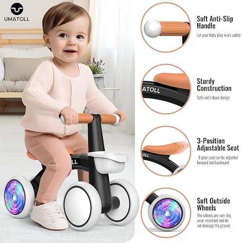 Umatoll Colorful Lighting Baby Balance Bike Toys for 1 Year Old Boys Gifts, Adjustable Seat Baby Walker, One Year Old Boy Birthday Gifts, 12-24 Months Toddler First Ride on Toys thumbnail 3